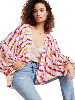 Anthropologie Pink, Yellow & White Tie-Dye Open-Front Kimono Cardigan One Size